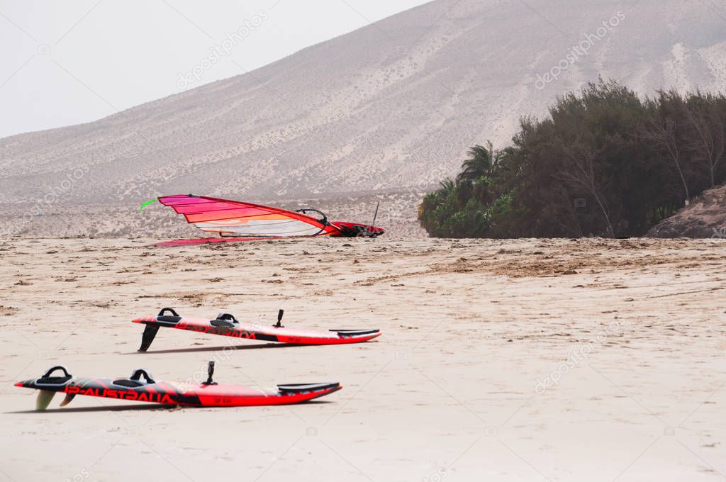 Fuerteventura, Islas Canarias, España tablas de surf en la playa de Playa de Sotavento de