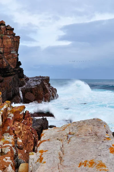 África do Sul: tempo tempestuoso no último penhasco do Cabo da Boa Esperança, promontório rochoso na costa atlântica da Península do Cabo arredondado em 1488 pelo explorador português Bartolomeu Dias, símbolo mundial da superação das dificuldades — Fotografia de Stock