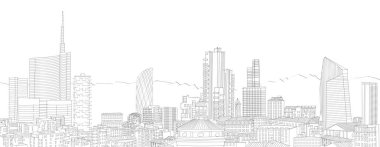 Serbest çizim Milan, yeni manzarası. Elmas Kulesi ve gökdelenler, Torre Solaria, Unicredit kule, İtalya