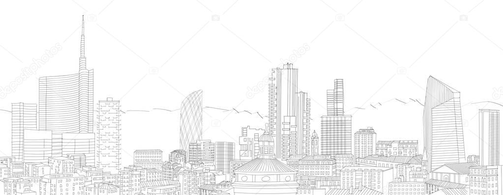 New skyline of Milan, freehand drawing. The Diamond Tower and skyscrapers, Torre Solaria, Unicredit Tower, Italy