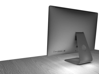Arkadan ahşap bir masa üzerinde görülen bir bilgisayar. Giriş kabloları. 3D render