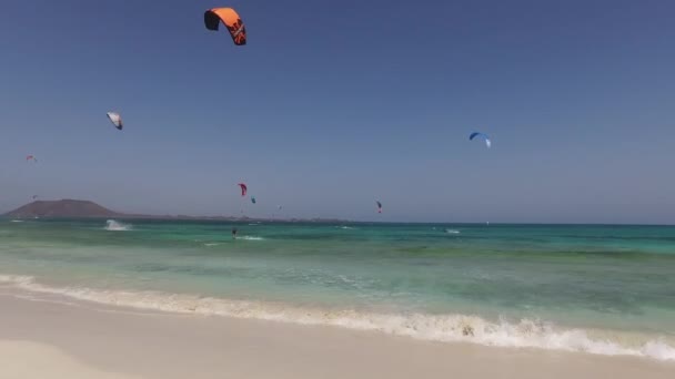 Fuerteventura: kitesurfing na pláži Playas Grande, jedné z nejznámějších pláží pro surfování a kite surfing, s výhledem na ostrůvek Lobos září 7, 2016 — Stock video