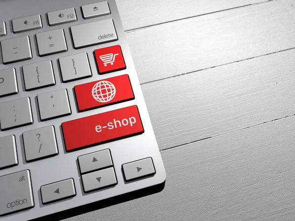 E-shop, Sales, online shopping, shopping offers. Computer keyboard buttons. 3d rendering — Stock Photo, Image