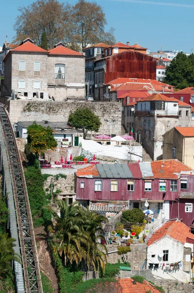 Porto: czerwone dachy i pałace starego miasta, z widokiem na Guindais Funicular Railway zainaugurowane 3 czerwca 1891 wzdłuż średniowiecznych ściany D. Fernando lub Fernandina ściany — Zdjęcie stockowe