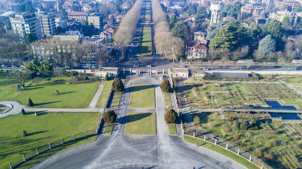 Villa Reale garden, Monza, Italy. Aerial view of the Villa Reale 01/15/2017. Royal gardens and park of Monza. Palace, neoclassical building