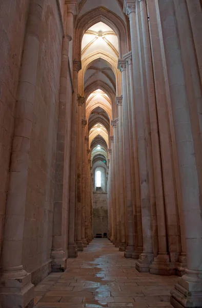 葡萄牙，中世纪的天主教修道院的阿尔科巴萨︰ 曼努埃尔的细节跳马与视图的教会对主教堂和门诊中殿 — 图库照片