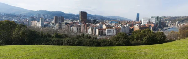Испания: панорама Бильбао и реки Фавион с видом на Зубьяби, белый мост или мост Кампо-Воланда Сантьяго Калатравы, вид из парка Эчебаррия — стоковое фото