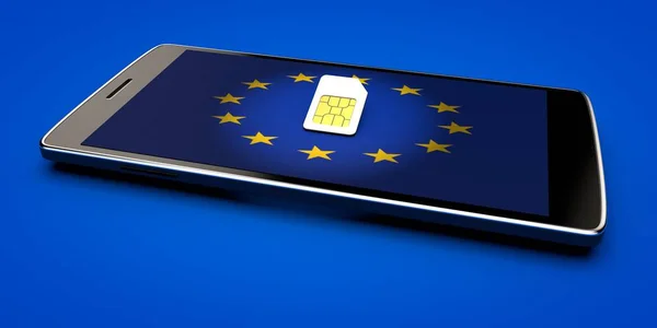 Telefone móvel e cartão SIM, abolição do roaming na União Europeia. Bandeira Europa — Fotografia de Stock