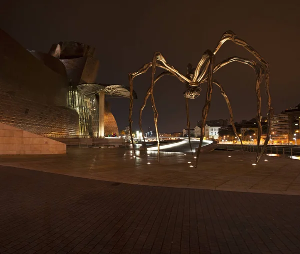 Іспанія: Неріон річки і нічна горизонт Більбао з видом на громадську скульптуру Maman, гігантський павук з бронзи, нержавіючої сталі і мармуру французького художника Луїзи буржуазної — стокове фото