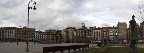 Basque Country: view of the palaces in the Plaza del Castillo, the Castle Square, the nerve centre of the city of Pamplona, stage for bullfights until 1844 and meeting place for locals