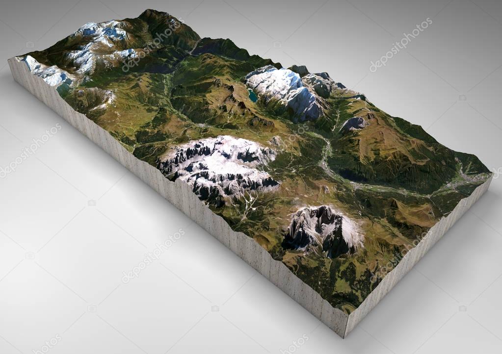 Terrain section, Canazei, Val di Fassa, Trentino Alto Adige, Italy. Mountains and hills, peaks of the Dolomites, Sassolungo, Marmolada, Sella Group. Alpine tourism.