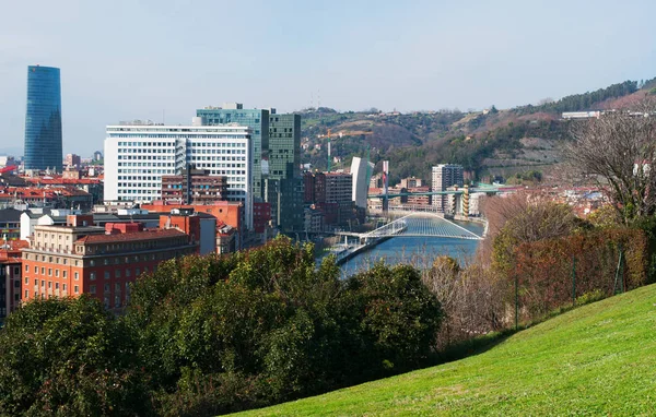 Basque Country, Spanyolország: a skyline a Bilbao és a Nervion folyóra néző a Zubizuri, a fehér hidat vagy a Campo Volantin híd, melyet Santiago Calatrava, látható a Etxebarria Park — Stock Fotó