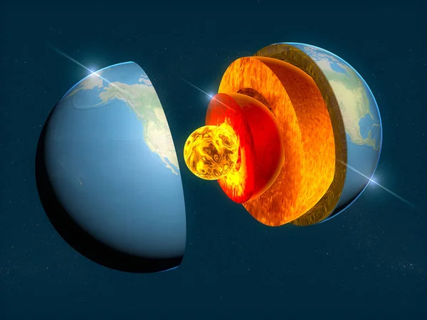 地球の構造、レイヤーに分割、地球の地殻、コア。3 d レンダリング — ストック写真
