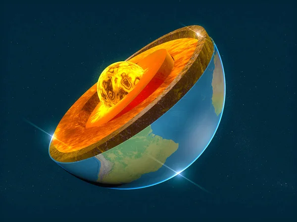 Jordens struktur, uppdelningen i lager, jordens skorpa och core. 3D-rendering — Stockfoto