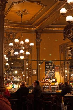 Pamplona: the interiors of the Cafe Iruna, a spanish bar and restaurant founded in 1888 in the Plaza del Castillo, Castle Square, and became a meeting place for locals and tourist clipart