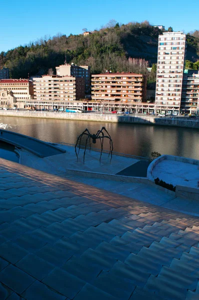 Spanyolország: Maman, a giant spider-szobor, a művész Louise Bourgeois készítette, és a külső a Guggenheim Múzeum Bilbaoban, kilátással a városra és a Nervion-folyón található — Stock Fotó