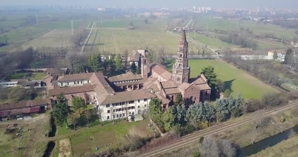 Panoramic view of Monastery of Chiaravalle, Abbey, aerial view, Milan, Lombardy. Italy — Stock Video
