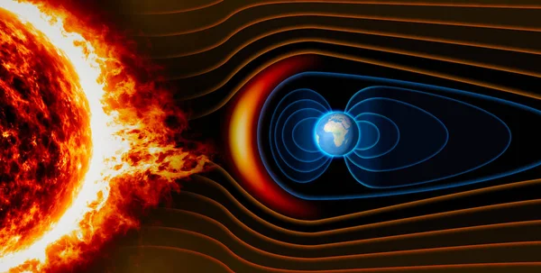 Aardmagnetisch veld, de aarde, de zonnewind, de stroom van deeltjes — Stockfoto