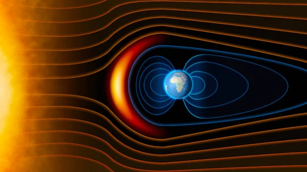 Il campo magnetico terrestre, la Terra, il vento solare, il flusso di particelle — Foto Stock