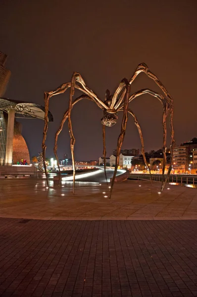 Іспанія: Maman, гігантських павуків скульптура, зроблені художником Луїзи буржуа і розташований на зовнішній вигляд Музей Гугенхайма в Більбао, з видом на горизонт нічного міста — стокове фото