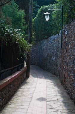 İtalya: bir sokak lambası ve yürüyüş yolu Uçurumdaki Paraggi Portofino'ya, İtalyan balıkçı köyleri pitoresk Limanı ve renkli evleri ile ünlü katıldı.