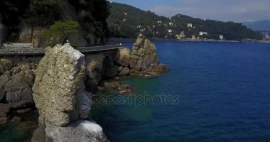 Cadrega'nın rock, deniz çam ağacı, havadan görünümü, waterfront arasında Santa Margherita Ligure ve Portofino, Paraggi, Liguria, İtalya