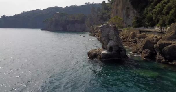 Cadrega'nın rock, deniz çam ağacı, havadan görünümü, waterfront arasında Santa Margherita Ligure ve Portofino, Paraggi, Liguria, İtalya — Stok video