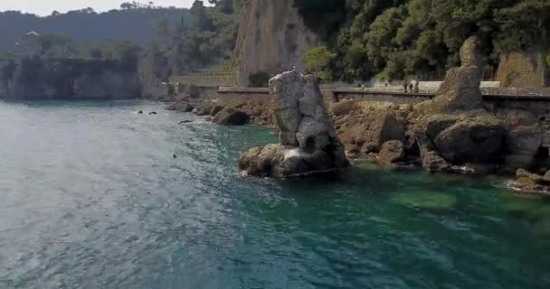 Roca de Cadrega, pino marítimo, vista aérea, paseo marítimo entre Santa Margherita Ligure y Portofino, Paraggi, Liguria, Italia — Vídeos de Stock