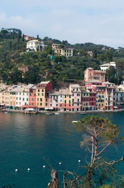 İtalya: yukarıdan görünümünü bay Portofino, onun pitoresk Limanı, renkli evler ve ünlü ziyaretçiler ile Tarih Kurumu için ünlü bir İtalyan balıkçı köyü