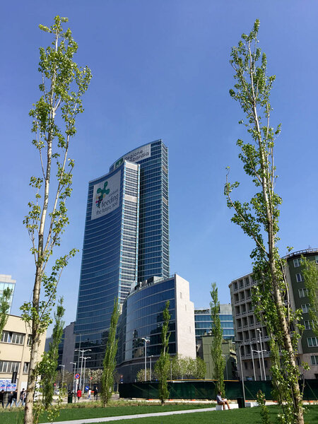 Library of trees, the new Milan park overlooking the Palazzo della Regione Lombardia, skyscraper. March 29, 2017. Office of the Regional Council of Lombardy, Italy