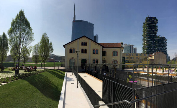 Fondazione Riccardo Catella, Unircredit tower and Vertical Forest, Library of trees, new park in Milan, skyscrapers. March 30, 2017. Lombardy, Italy