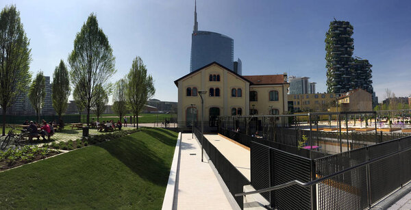 Fondazione Riccardo Catella, Unircredit tower and Vertical Forest, Library of trees, new park in Milan, skyscrapers. March 30, 2017. Lombardy, Italy
