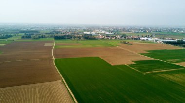 Doğa ve manzara: bir alan, ekimi, yeşil çimen, kırsal, tarım, toprak yol havadan görünümü