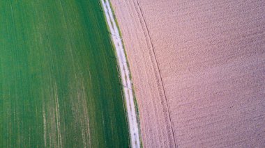 Doğa ve manzara: bir alan, ekimi, yeşil çimen, kırsal, tarım, toprak yol havadan görünümü