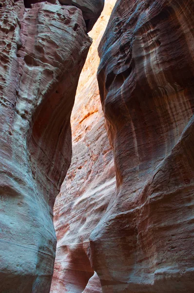 Jordânia, Oriente Médio: diferentes formas, cores e tons das rochas vermelhas vistas andando no cânion do Siq, o Eixo, a entrada principal para a cidade arqueológica de Petra — Fotografia de Stock