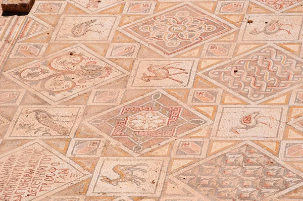 Jordania: detalles de los mosaicos de las iglesias bizantinas que se encuentran en la ciudad arqueológica de Jerash, la Gerasa de la Antigüedad, uno de los sitios más grandes del mundo de la arquitectura romana — Foto de Stock