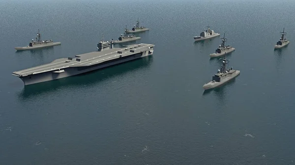 Amerikanska hangarfartyg med jagare och en kryssare i Stilla havet mot Nordkorea. 3D-rendering — Stockfoto