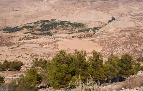 ヨルダン、中東: ネボ、モーセが約束の地の表示が許可された場所としてヘブライ語聖書で述べられる高尾根への曲がりくねった道と砂漠の風景の空撮 — ストック写真