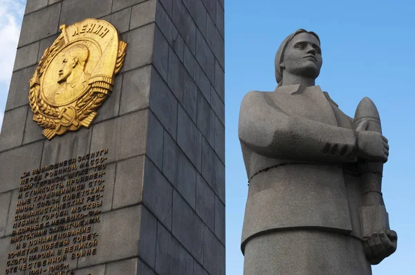 Moscou: uma das três estátuas de soldados-defensores de Moscou parte do Obelisco da Cidade do Herói (1977), um monumento de 40 metros a Lenin (1870-1924) e a homens e mulheres morreram na Segunda Guerra Mundial — Fotografia de Stock