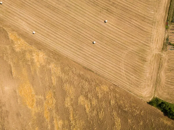 Natur och landskap: Flygfoto över fältet, upplöjd fält, odling, grönt gräs, landsbygd, jordbruk, höstackar, hö balar — Stockfoto