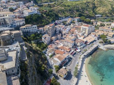 Aerial view of Pizzo Calabro, pier, castle, Calabria, tourism Italy. Panoramic view of the small town of Pizzo Calabro by the sea. Houses on the rock. On the cliff stands the Aragonese castle clipart