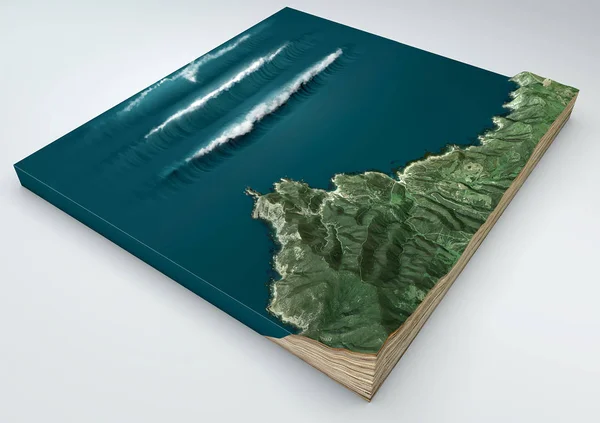 Tsunami, anormale Welle, Wellenbildung. 3D-Spaltung eines Bodenabschnitts unter der Wirkung eines Tsunamis im Ozean, der an die Küsten klopft. 3D-Darstellung — Stockfoto