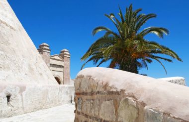 Fas, Kuzey Afrika: palm ağacı ve Tangier eski şehir, şehir Mağrip sahil, nexus için pek çok kültür ve Avrupa ve Amerikalı Diplomatlar, casusların ve yazarlar için hedef tarih antik duvar