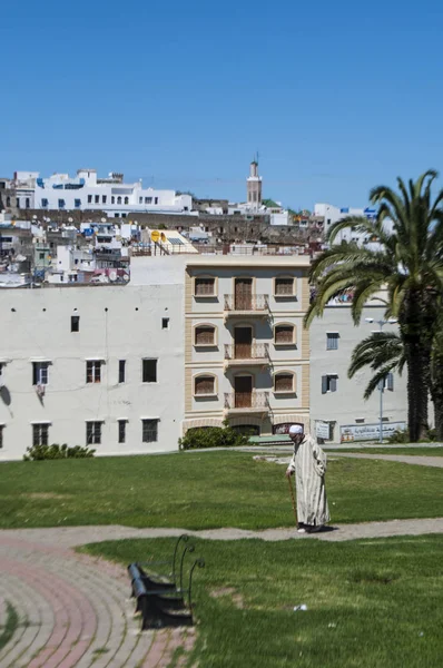 Morocco, North Africa: a muslim man walking in the Jardins de La Mendoubia, the Mendoubia Gardens, a famous public park in the historic center of Tangier, with view of the skyline of the moroccan city — Stock Photo, Image