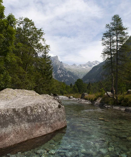 Italien: Bach und Felsen des Mello-Tals, Val di Mello, ein grünes Tal umgeben von Granitbergen und Waldbäumen, das von Naturliebhabern in das kleine italienische Yosemite-Tal umbenannt wurde — Stockfoto