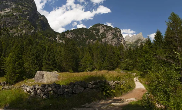 İtalya: Mello vadinin, Val di Mello, granit dağlar ve Orman ağaçları ile çevrili bir Yeşil Vadi Panorama görüş küçük İtalyan Yosemite Vadisi'nden Doğa severler tarafından değiştirildi. — Stok fotoğraf