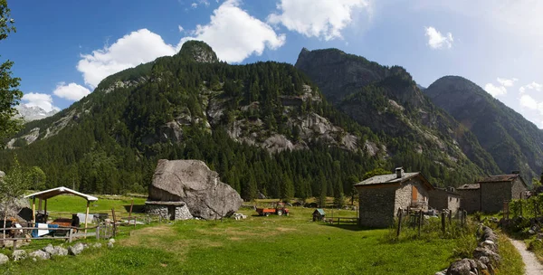Италия: панорамный вид на долину Мелло, Валь-ди-Мелло, зеленую ванну, окруженную гранитными горами и лесными деревьями, переименованную любителями природы в маленькую долину Иосемит — стоковое фото