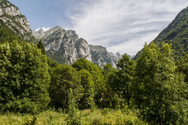 Италия: горные вершины долины Мелло, Валь ди Мелло, зеленая долина, окруженная гранитными горами и лесными деревьями, переименованная любителями природы в маленькую итальянскую долину Йосемити — стоковое фото