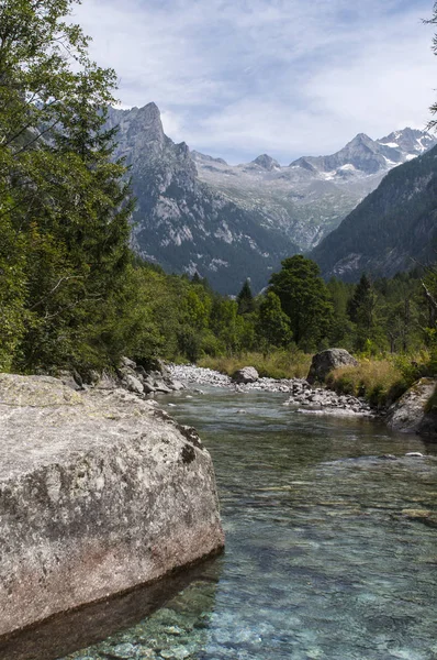 Italien: Bach und Felsen des Mello-Tals, Val di Mello, ein grünes Tal umgeben von Granitbergen und Waldbäumen, das von Naturliebhabern in das kleine italienische Yosemite-Tal umbenannt wurde — Stockfoto