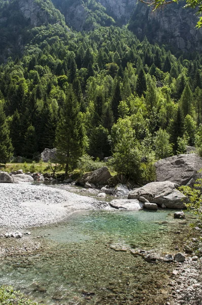 Italien: creek och stenar av dalen Mello, Val di Mello, en grön dal omgiven av granit berg och skogsträd, döptes den lilla italienska Yosemite dalen av naturälskare — Stockfoto